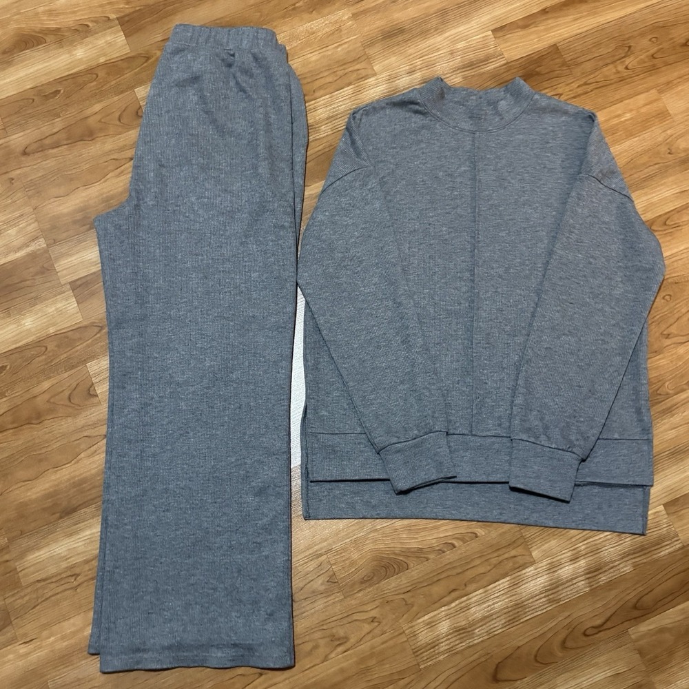 Dokotoo Ribbed Lounge Set Mock-neck Top and Wide-leg Pants Size L‎ Gray